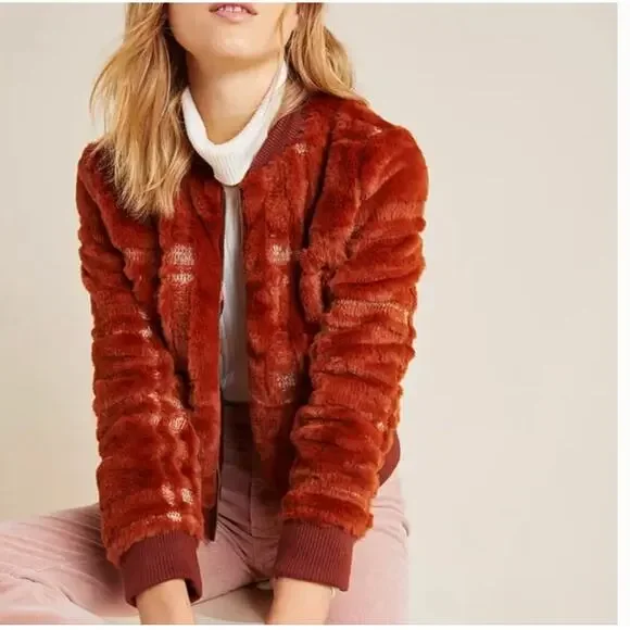 Anthropologie Faux Fur Teddy Bomber Jacket 2X NWOT Rust Plaid Coat Western